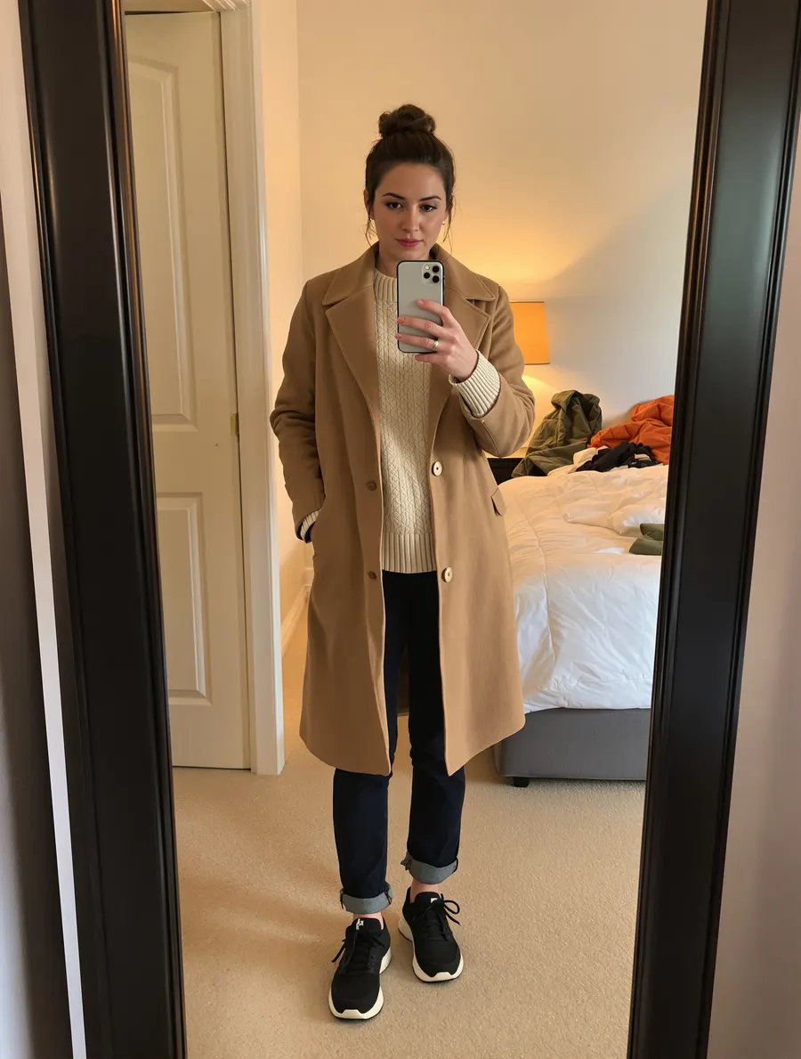 Before: camel coat, cream knit, dark jeans and black chunky sneakers in a bedroom mirror selfie