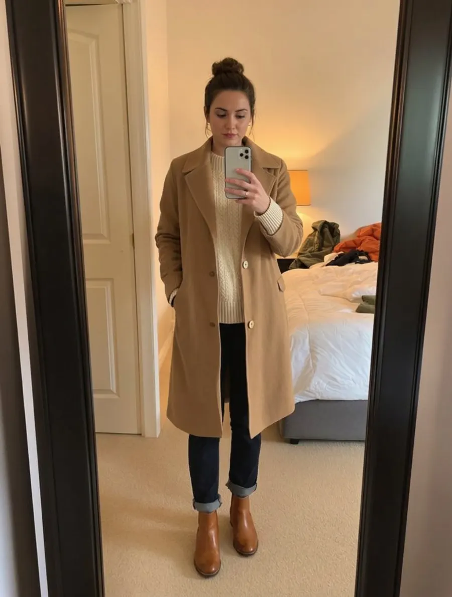 After: the same photo with tan leather ankle boots in place of the black sneakers