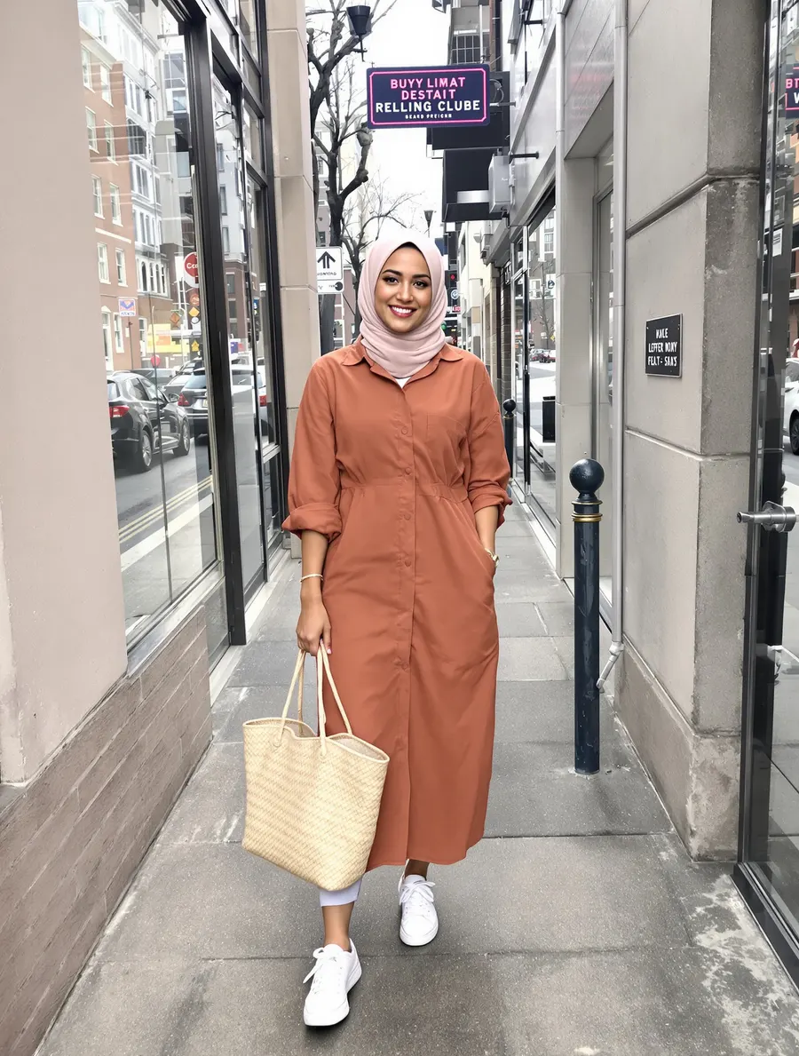 Woman in a pink hijab and rust linen shirt dress on a sidewalk