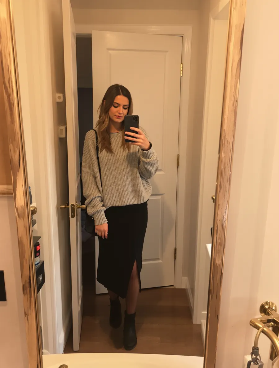 Woman in a grey sweater, black slip skirt and ankle boots in a mirror