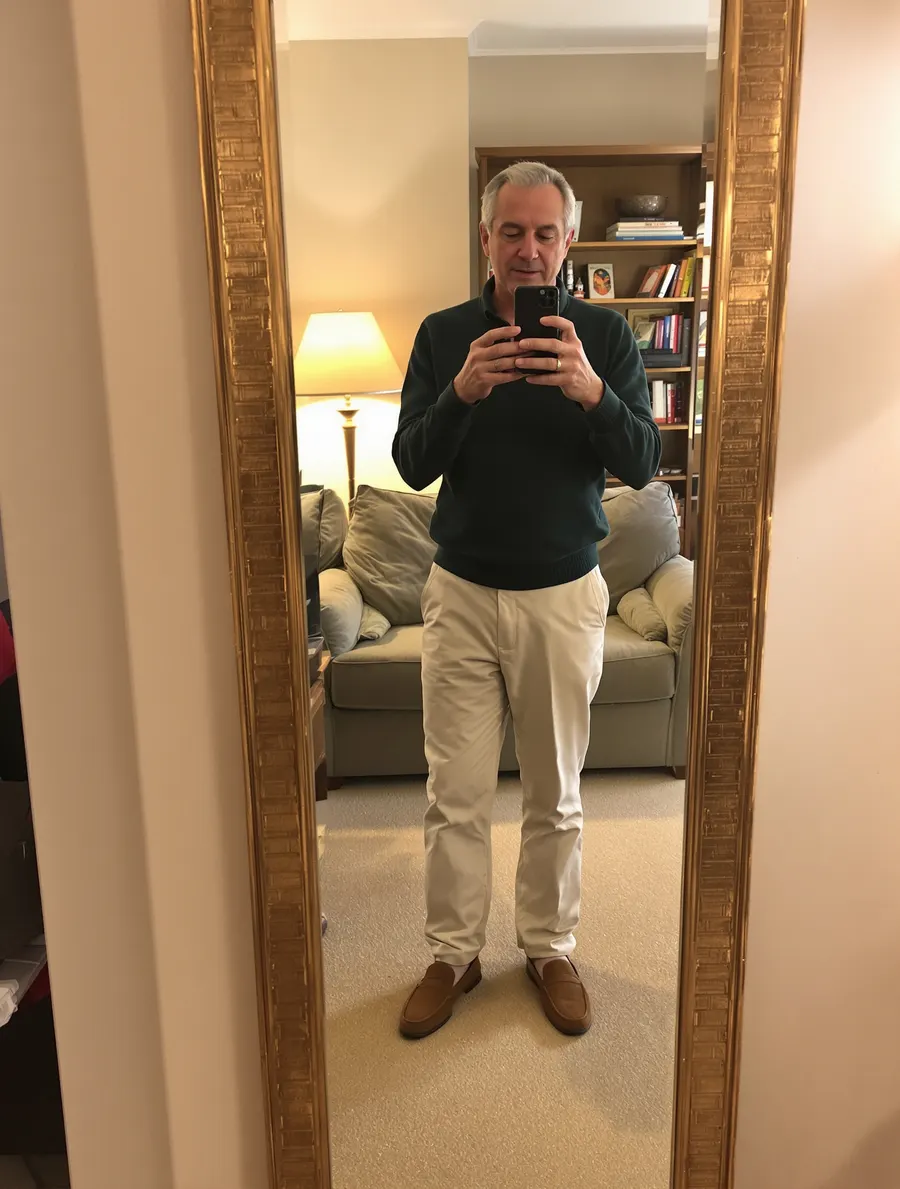 Older man in a green knit polo and cream trousers in a living room mirror