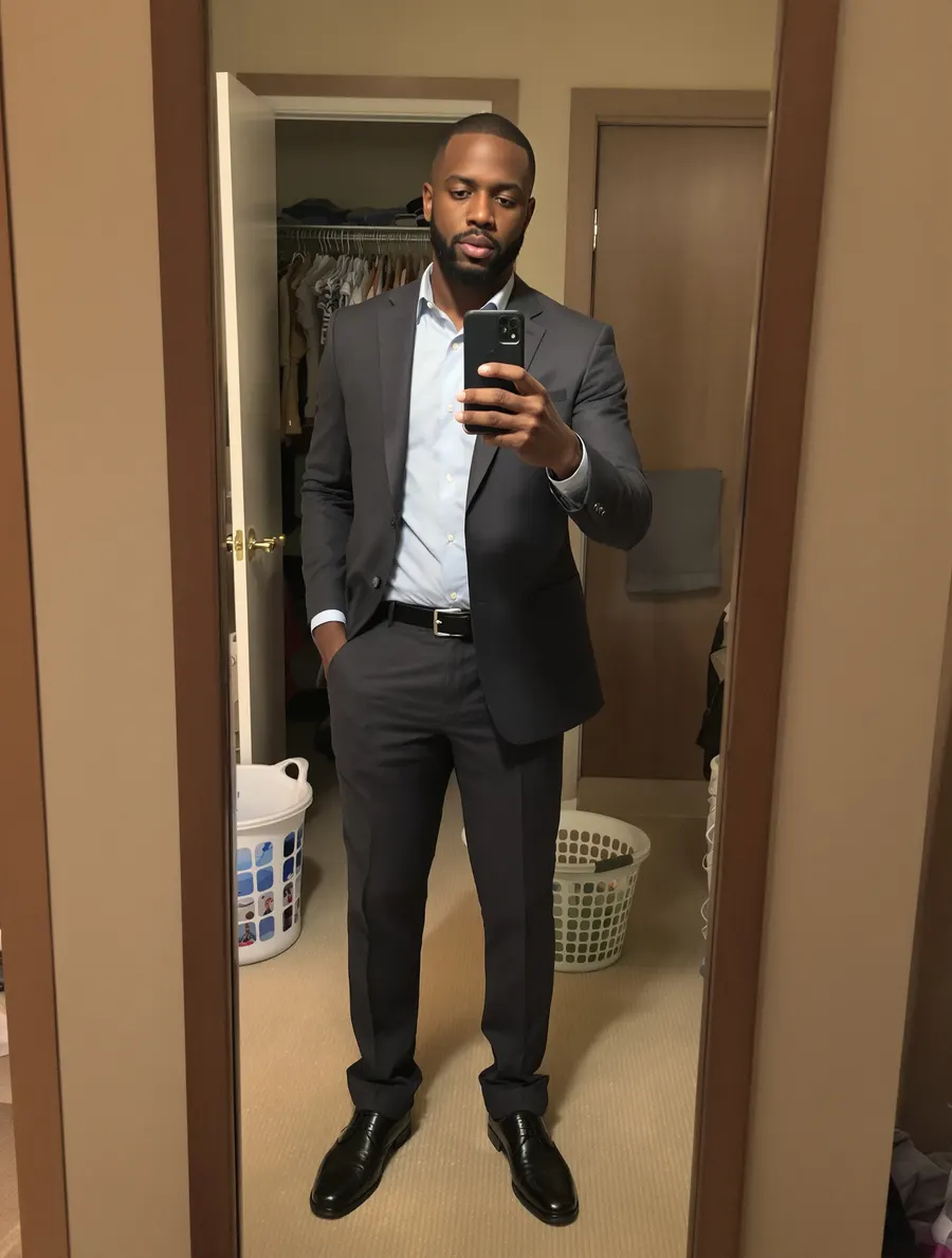 Man in a charcoal suit taking a bedroom mirror selfie